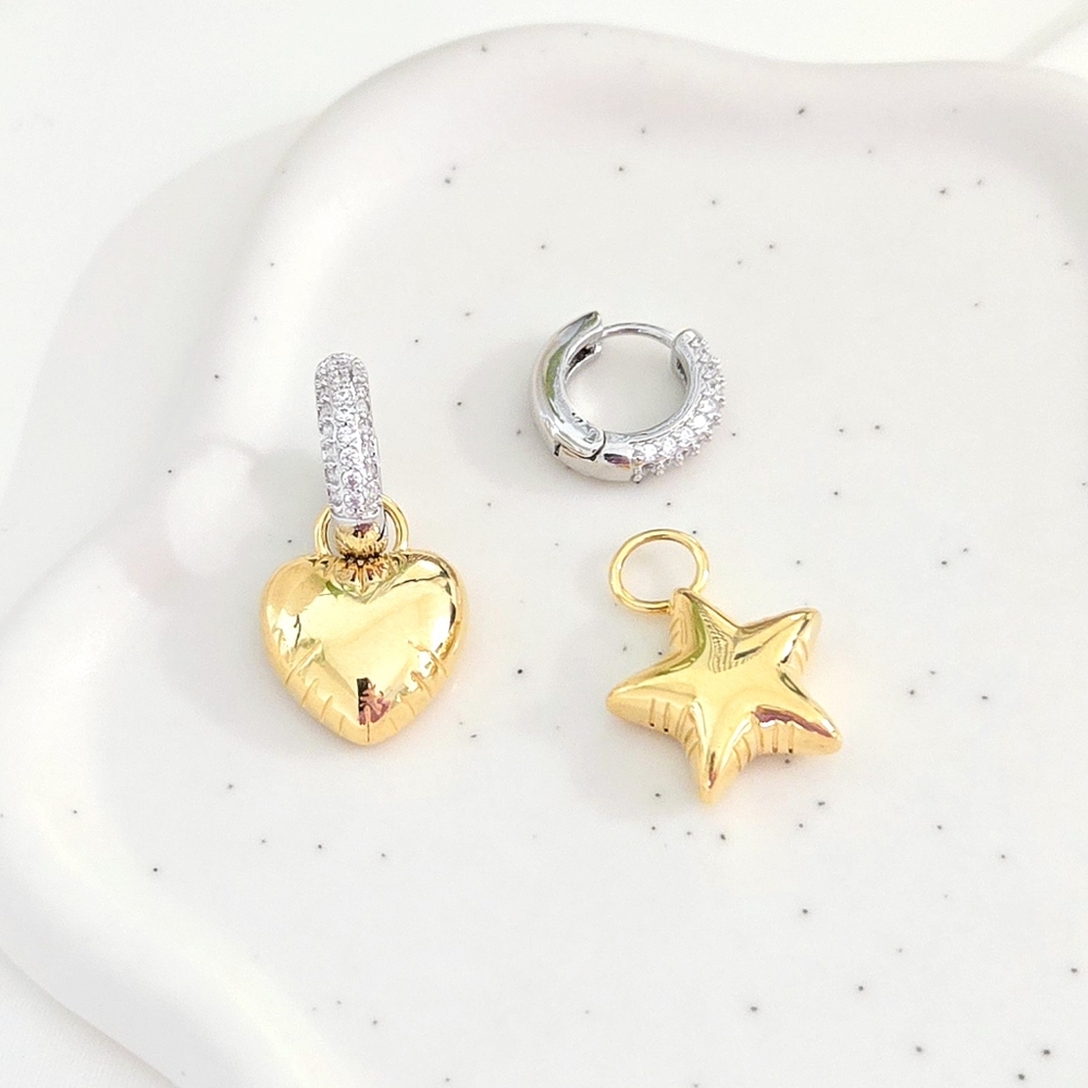 NEW 2-in-1 Two-Tone Balloon Heart & Star CZ Pave Huggie Hoop Earrings